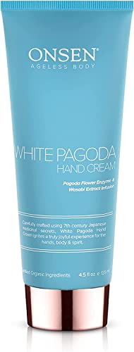 Onsen Japanese Anti Aging Hand Cream - Firming Hand Lotion Features Pagoda Flower Enzyme, Wasabi Extract Infusion, Hyaluronic Acid, and Shea Butter, for Clarified and Moisture Rich Skin (4.5 Oz)