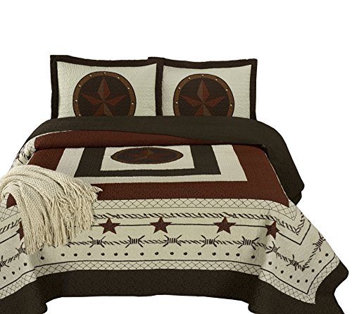 Chezmoi Collection Tucson 3-Piece Pre-Washed Oversized Bedding Western Star Queen Size Quilt Set Cabin Lodge Bedspread Coverlet Beige, Dark Brick
