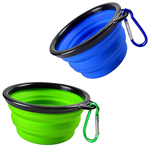 Book Cover Collapsible Dog Bowl, 2 Pack Small Portable Dog Travel Bowl for Hiking Camping, Foldable Expandable Cup Dish Set for Pet Cat Service Dogs, Dog Water Bowl 2 Clips (Blue+Green)