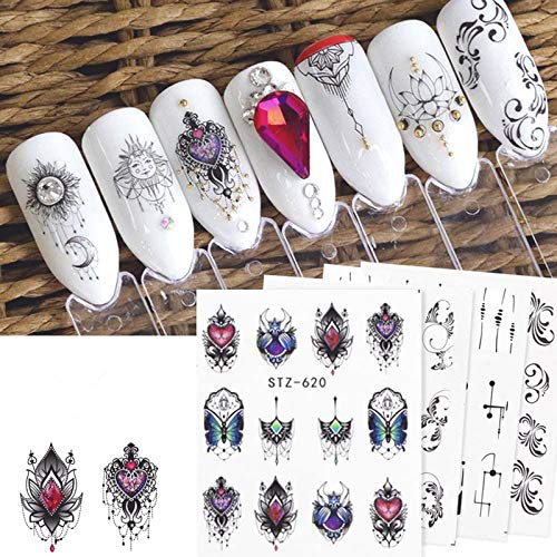 24Sheets Black Nail Stickers Water Transfer Decals Nail Art Tattoos Feather Nail Art Water Slide Nail Decals Nail DIY Decorations …