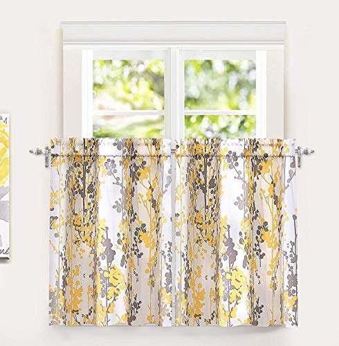 Book Cover DriftAway Leah Abstract Floral Blossom Ink Painting Room Darkening Kitchen Tier Window Treatment 2 Panels Each Size 26 Inch by 36 Inch Plus 2 Inch Header Yellow Gray