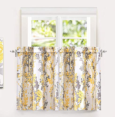 DriftAway Leah Abstract Floral Blossom Ink Painting Room Darkening Kitchen Tier Window Treatment 2 Panels Each Size 26 Inch by 36 Inch Plus 2 Inch Header Yellow Gray