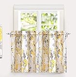 DriftAway Leah Abstract Floral Blossom Ink Painting Room Darkening Kitchen Tier Window Treatment, Set of Two, Each 28"x36"+ 2" Header (Yellow/Gray)