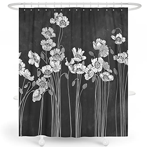 Livetty Shower Curtain Bathroom Decor Waterproof Mildew Resistant Anti-Bacterial 72x72 With Rust Proof Grommets (Flowers Black, 72x72 Inch)
