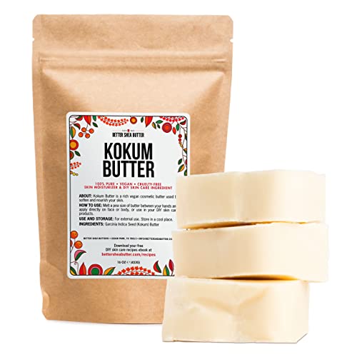 Better Shea Butter Kokum Butter | Raw, Unrefined | For Soap Making and DIY Skin and Hair Products | Pure, Unscented Butter for Lotion Base | 1 lb block