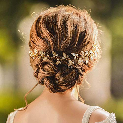 Edary Wedding Hair Vine Bridal Leaves Hair Accessories Pearl Hair Wreath for Women and Girls (Gold)