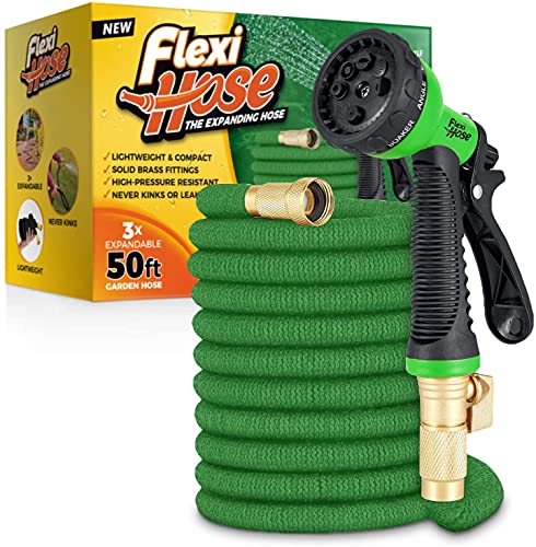 Book Cover GREEN MONSTAH - Flexi Hose with 8 Function Nozzle Expandable Garden Hose, Lightweight & No-Kink Flexible Garden Hose, 3/4 inch Solid Brass Fittings and Double Latex Core, 50 ft Green