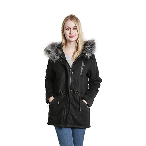 KENGURU COVE Women's Wool Blend Coat Warm Winter with Removable Fur Collar Hooded Overcoat Jacket(Black,XS)