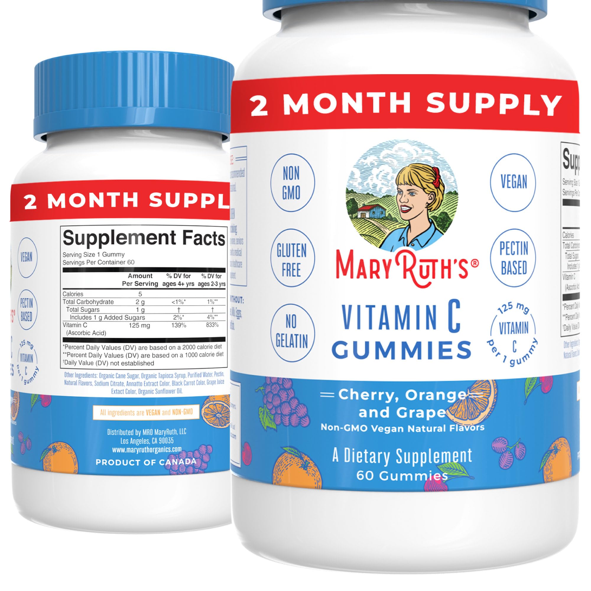 Vegan Vitamin C Gummies by MaryRuth's | 2 Month Supply | Great Tasting Plant-Based Formula Supports Immune Function & Overall Health for Adults & Kids | Non-GMO with 125 mg of Vitamin C Per Gummy Original