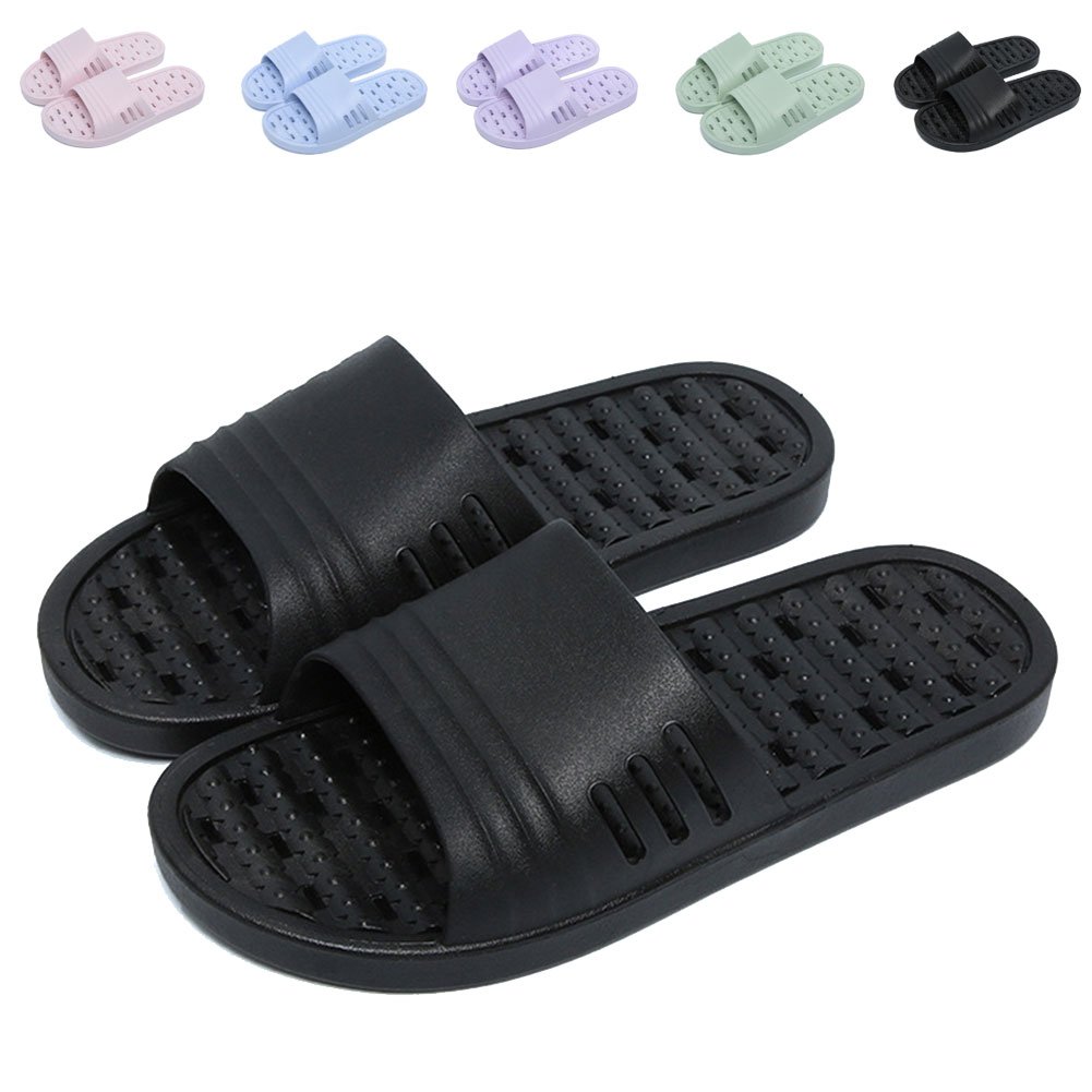 Book Cover FINLEOO Shower Sandal Slippers with Drainage Holes Quick Drying Bathroom Slippers Gym Slippers Soft Sole Open Toe House Slippers for Men and Women 7.5-8 Women/6.5-7 Men 05black