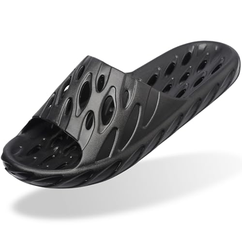 FINLEOO Shower Sandal Slippers with Drainage Holes Quick Drying Bathroom Slippers Gym Slippers Soft Sole Open Toe House Slippers for Men and Women 7.5-8 Women/6.5-7 Men 05black