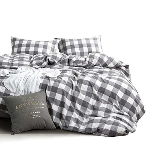 Book Cover Wake In Cloud - Washed Cotton Duvet Cover Set, Buffalo Check Gingham Plaid Geometric Checker Pattern Printed in Gray Grey and White, 100% Cotton Bedding, with Zipper Closure (3pcs, King Size)
