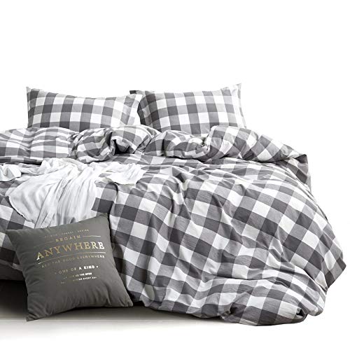 Book Cover Wake In Cloud - Washed Cotton Duvet Cover Set, Buffalo Check Gingham Plaid Geometric Checker Pattern Printed in Gray Grey and White, 100% Cotton Bedding, with Zipper Closure (3pcs, Full Size)