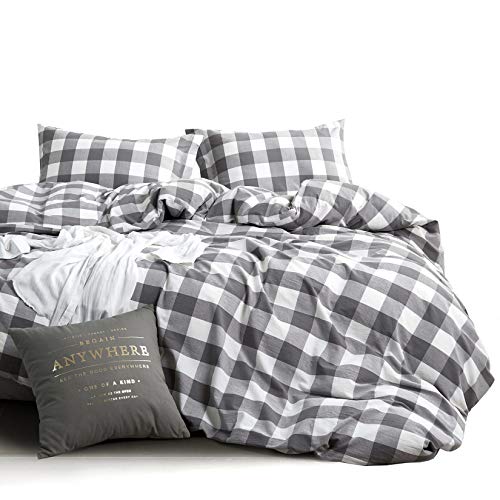 Wake In Cloud - Washed Cotton Duvet Cover Set, Buffalo Check Gingham Plaid Geometric Checker Pattern Printed in Gray Grey and White, 100% Cotton Bedding, with Zipper Closure (3pcs, Full Size)