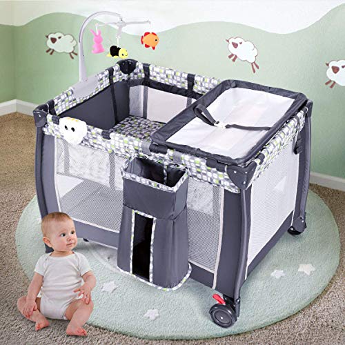 Costzon Baby Playard, 3 in 1 Convertible Pack and Play with Bassinet, Foldable Playpen with Changing Table, Music Box, Whirling Toys, Wheels & Brake, Large Capacity Basket, Oxford Carry Bag (Grey)