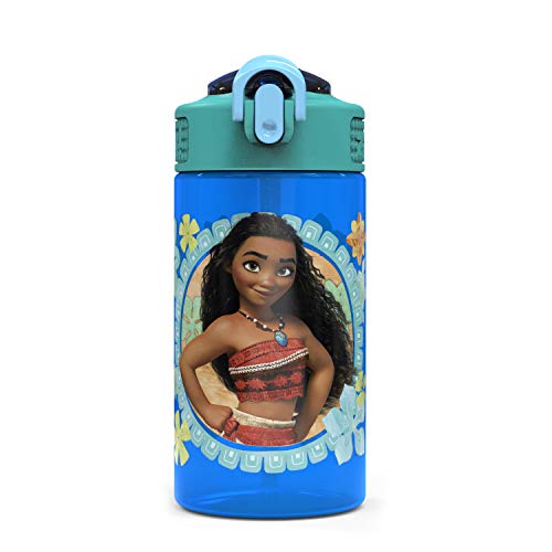 Zak Designs Disney Moana Kids Spout Cover and Built-in Carrying Loop Made of Plastic, Leak-Proof Water Bottle Design (16 oz, BPA-Free), PP Park Straw