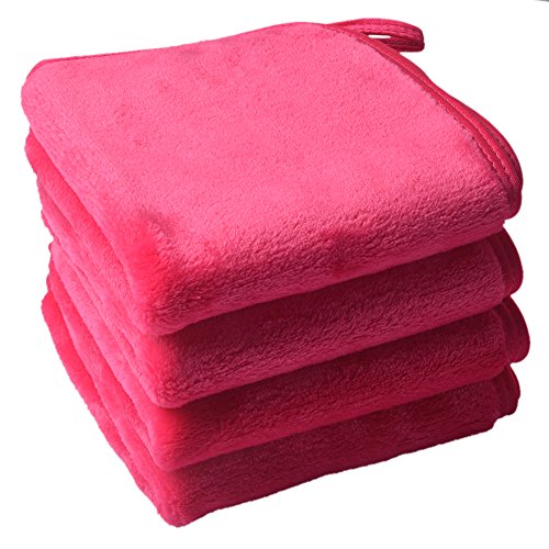 Sinland Microfiber Makeup Remover Cloth Reusable and Washable Makeup Remover Towels Face Cloths Facial Cleaning Towels Fast Drying Washcloth 9.8Inchx9.8Inch 4 Pack Dark Pink