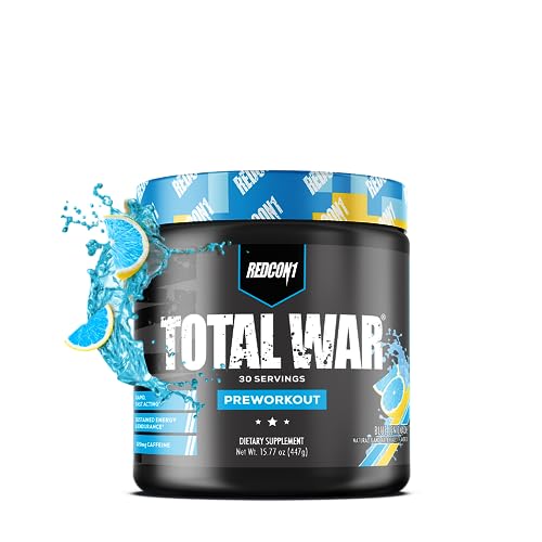 REDCON1 Total War Pre Workout Powder, Blue Lemonade - Beta Alanine + Citrulline Malate Keto Friendly Preworkout for Men & Women with 320mg of Caffeine - Fast Acting (30 Servings)