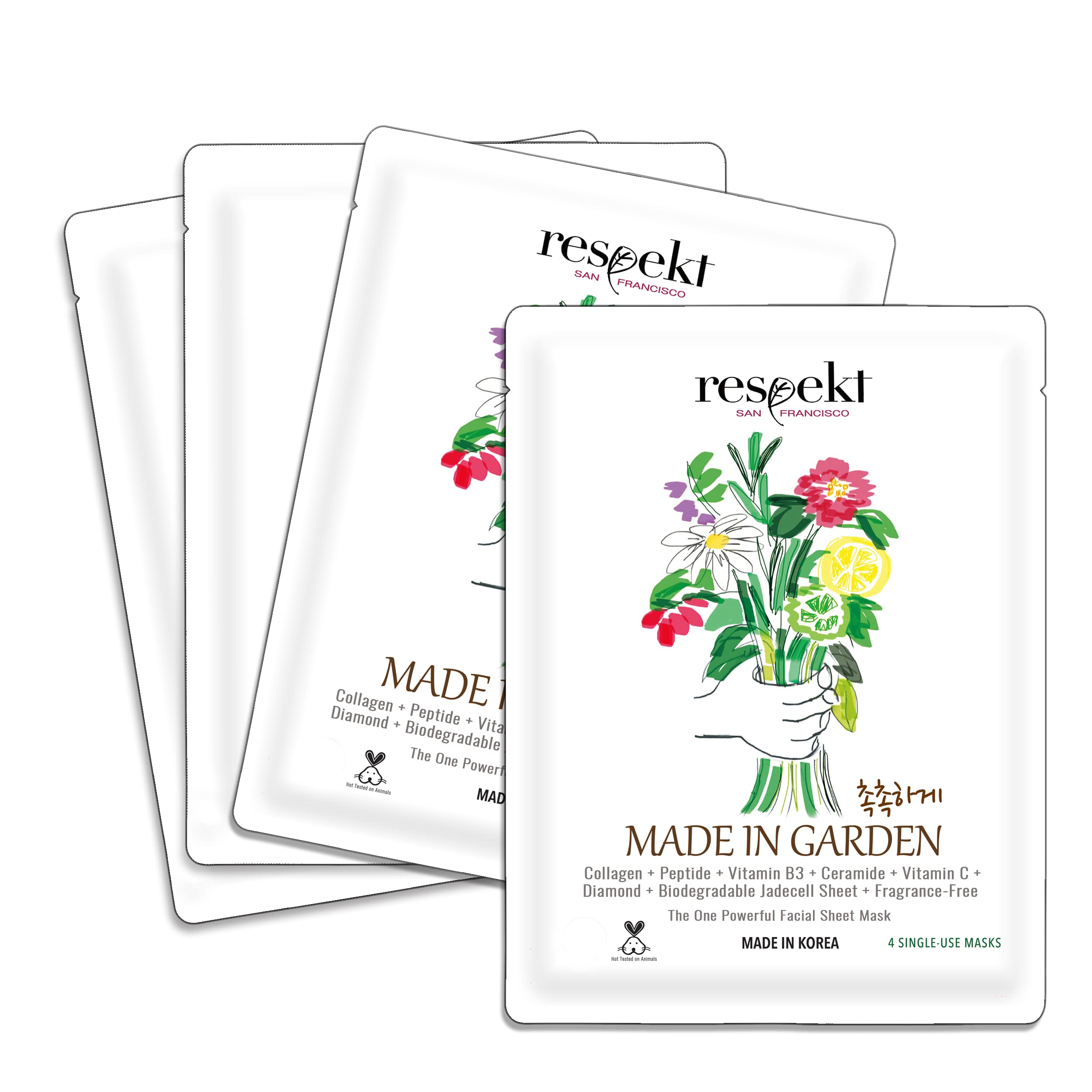RESPEKT Facial Sheet Masks for Pore Tightening, Collagen Boost, Dark Spots, Intensive Moisturizing, Less Visible Fine Lines & Wrinkles - Collagen, Peptide, Hyaluronic Acid, Diamond Powder, Vitamin C, Niacinamide, Ceramide, Adenosine, Bio-degrada
