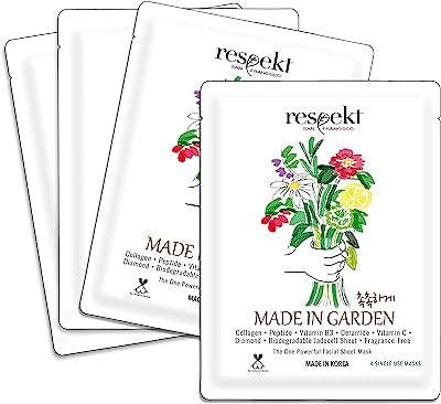 RESPEKT Facial Sheet Masks for Pore Tightening, Collagen Boost, Dark Spots, Intensive Moisturizing, Less Visible Fine Lines & Wrinkles - Collagen, Peptide, Hyaluronic Acid, Diamond Powder, Vitamin C, Niacinamide, Ceramide, Adenosine, Bio-degrada