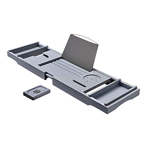 SONGMICS Bamboo Bath Tray, Luxury Extendable Tub Caddy Table with Tablet Phone Slots, Cup Holder, Bathroom Organizer, Extra Soap Holder, Gray UBCB88GY