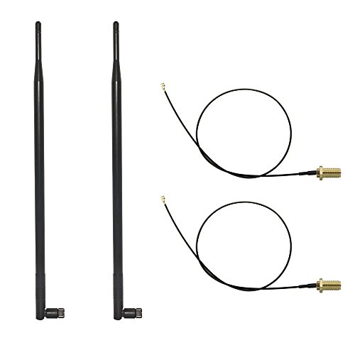 HUACAM 9dBi Omni WiFi Antenna with RP-SMA Connector for Wireless Network Router/USB Adapter/PCI PCIe Cards/IP Camera/Wireless Range Extender+ 2 xU.FL Mini PCI to RP-SMA Pigtail Antenna WiFi Cable