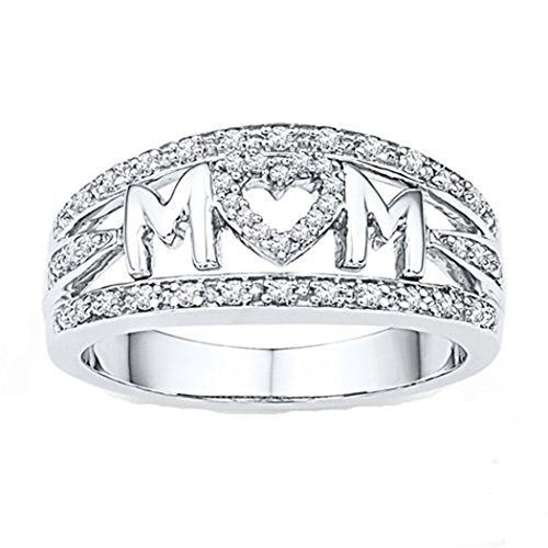 Myhouse Women Girls 18k White Gold Plated Rhinestone Heart Ring MOM Letter Ring For Mother's Day Gifts (6)