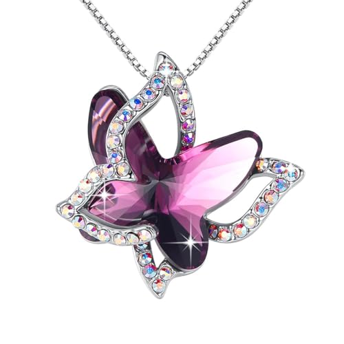 GEMMANCE Butterfly Crystal Necklace with Premium Birthstone, Silver-Tone, 18â€+2â€ Chain pink
