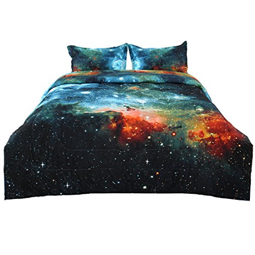 Book Cover Uxcell Full/Queen 3-piece Galaxies Blue Comforter Sets - 3D Printed Space Themed - All-season Down Alternative Quilted Duvet - Reversible Design - Includes 1 Comforter, 2 Pillow Shams