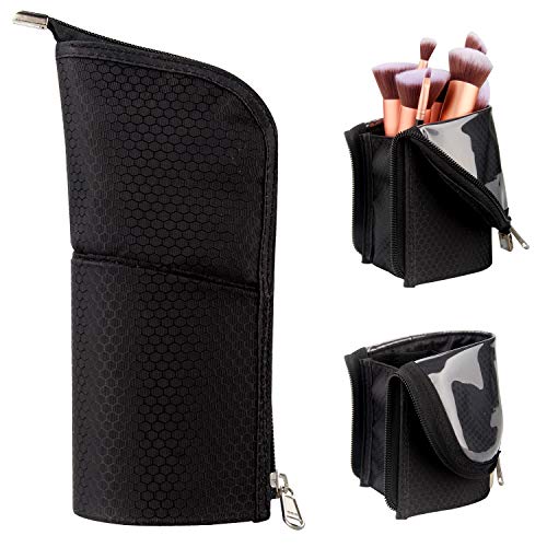 Book Cover Makeup Brush Holder Organizer Bag Professional Artist Brushes Travel Bag Stand-up Makeup Cup Waterproof Dust-proof Brush Storage Pouch Case (Black)