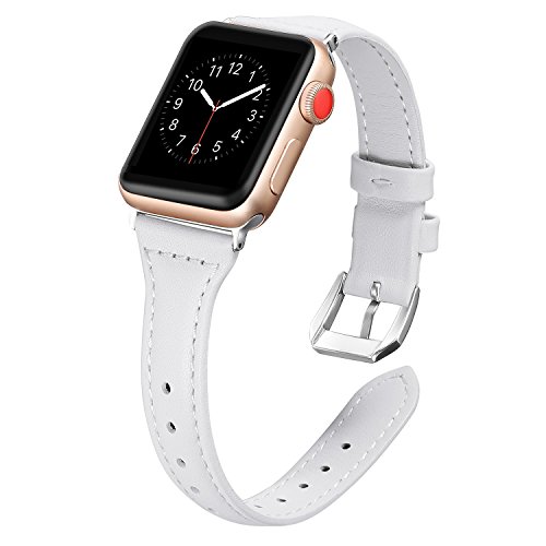 Secbolt Leather Bands Compatible Apple Watch Band 38mm 40mm Iwatch Series 6 5 4 3 2 1 SE Slim Replacement Wristband Strap Stainless Steel Buckle, White