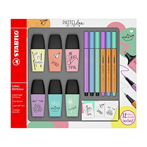 Stabilo Boss Mini Highlighter Pen Set of 6 °F49716 pastellove with 3 Coloured Sign Pens 3 Pens Pen 68 Mini Point 88 Mini with 12 Stickers