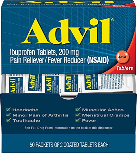 Advil (100 Packets of 2 Capsules) Pain Reliever/Fever Reducer Coated Tablet, Individually Sealed, 200mg Ibuprofen, Temporary Pain Relief, Travel Pack, Greeting Cards Included