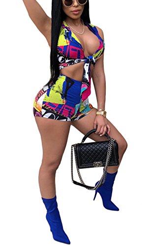 Aleng Women's 2 pc Outfits Romper Sleeveless Tiered Front Crop Top Tight Short Pants Suit Set