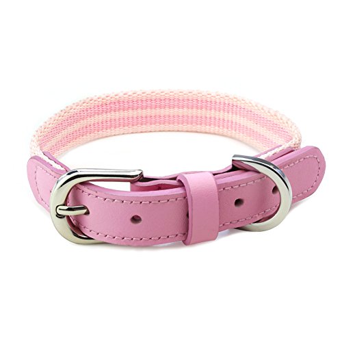 Book Cover YUDOTE Genuine Leather Dog Collar, Luxury Leather and Nylon Collars for Small Medium Large Dogs & Puppies, in Pink Brown, Comfort, Adjustable