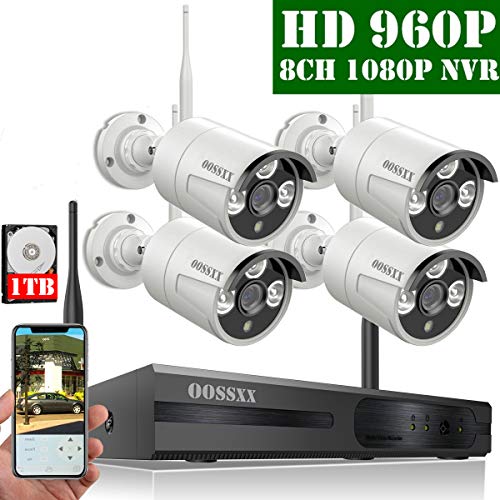 【2019 Update】 HD 1080P 8-Channel OOSSXX Wireless Security Camera System,4Pcs 960P(1.3 Megapixel) Wireless Indoor/Outdoor IR Bullet IP Cameras,P2P,App, HDMI Cord & 1TB HDD Pre-Install