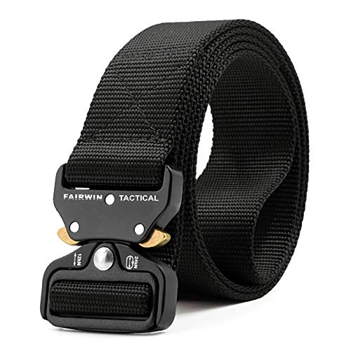 Fairwin Tactical Belt, Military Style Webbing Riggers Web Belt Heavy-Duty Quick-Release Metal Buckle (Black, S - Waist 30"-36")