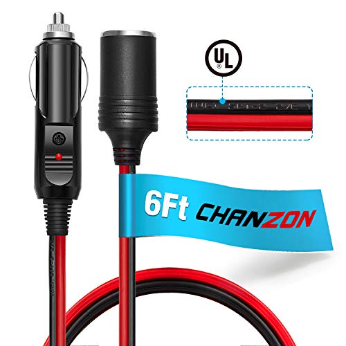 [UL Wire]Chanzon Pure Copper 6Ft Cigarette Lighter Extension Cord 12V 16AWG Heavy Duty Cable Fused Auto DC Power Plug 12 24 Volt for Car Tire Inflator Cleaner Male Female Socket Adapter