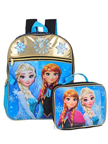 Book Cover Disney Girls' Frozen Black/Gold Backpack with Lunch Kit, Blue, One Size