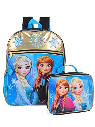 Disney Girls' Frozen Black/Gold Backpack with Lunch Kit, Blue, One Size
