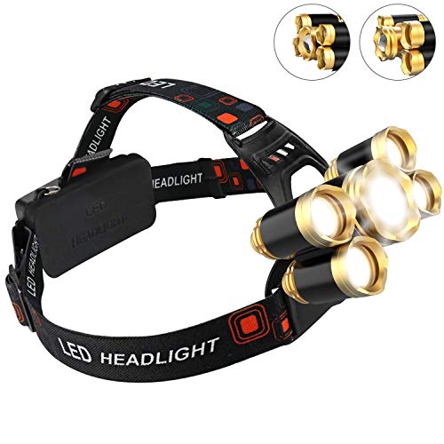 Book Cover Headlamp, Deriena Brightest 12000 Lumen 5 LED Head lamp,USB Waterproof Headlight Flashlight with Zoomable Work Light, Head Lights for Camping Running Hiking