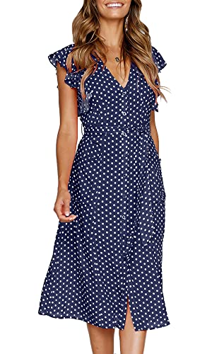 MITILLY Women's Summer Boho Polka Dot Sleeveless V Neck Swing Midi Dress with Pockets