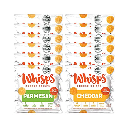 Book Cover Whisps Cheese Crisps - Parmesan & Cheddar Cheese Snacks, Keto Snacks, High Protein, Low Carb, Gluten & Sugar Free, Great Tasting Healthy Snack, All Natural Cheese Crisps - Variety, .63 Oz (Pack of 12)
