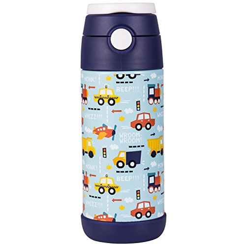 Book Cover Snug Flask for Kids - Vacuum Insulated Water Bottle with Straw (Vroom)