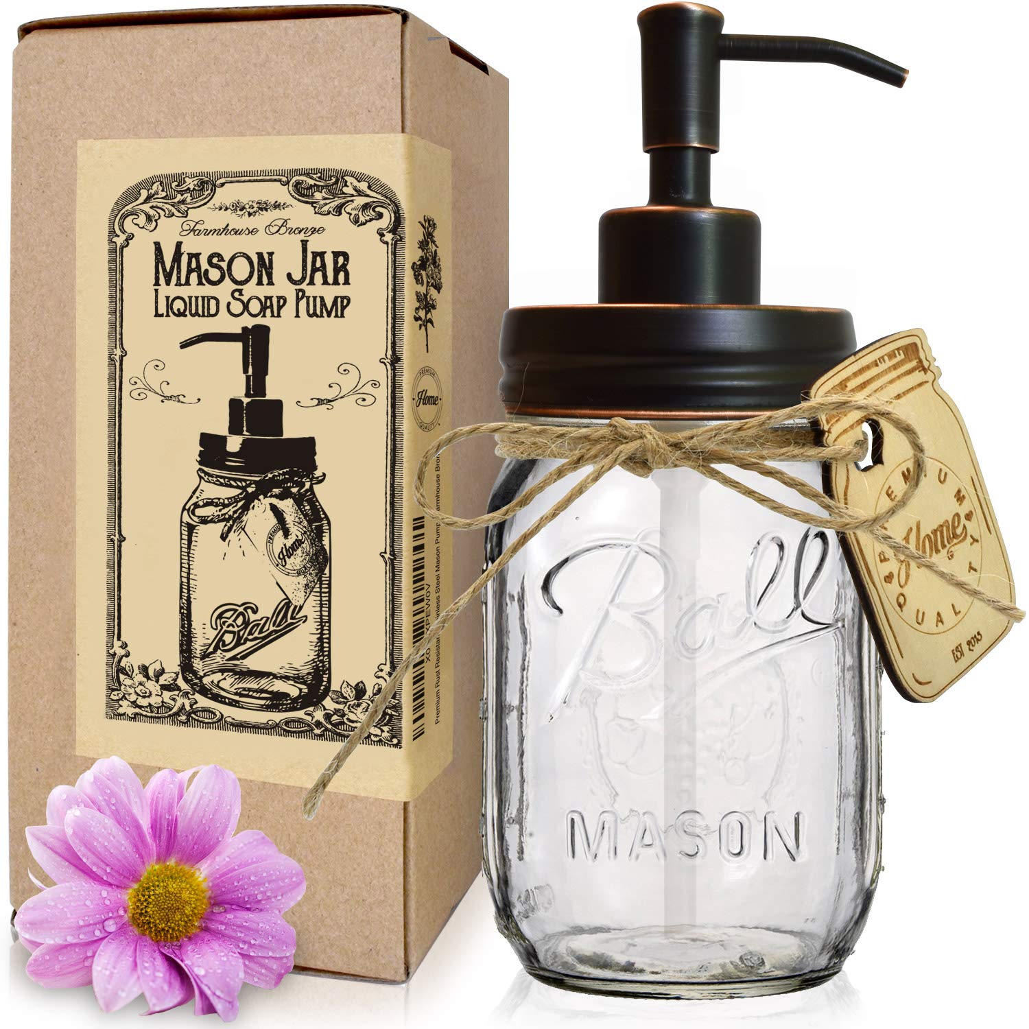 Book Cover Bronze Mason Jar Soap Dispenser - Stainless Steel Pump for Liquid Dish, Hand Soap or Lotions - Vintage Ball 16 oz Glass Mason Jar for Kitchen or Bathroom (Farmhouse Style Pump, Oil Rubbed Bronze) 1 Farmhouse Oil Rubbed Bronze