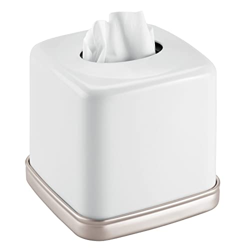 mDesign Square Metal Paper Facial Tissue Box Cover Holder for Bathroom Vanity Countertops, Bedroom Dressers, Night Stands, Home Office Desks, Tables - Matte White/Satin