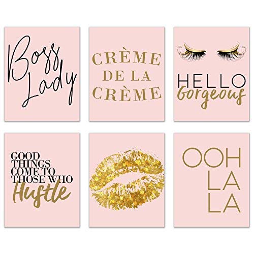 Inspirational Fashion Prints - Set of 6 (8x10) Pink and Gold Office Poster Wall Art Quotes