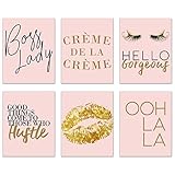Crystal Canvas Inspirational Fashion Prints - Set of 6 (8x10) Pink and Gold Office Poster Wall Art Quotes