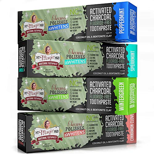 My Magic Mud Charcoal Teeth Whitening Toothpaste, Verified Enamel Safe & Clinically Tested, Organic Coconut Oil, Essential Oils, Best Natural Whitener, Fluoride-Free, Vegan, Variety 4-Pack (4oz)