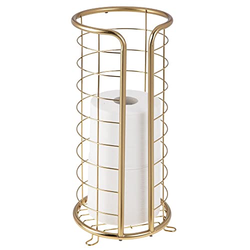 Book Cover mDesign Decorative Metal Free Standing Toilet Paper Holder Stand with Storage for 3 Rolls of Toilet Tissue - for Bathroom/Powder Room - Holds Mega Rolls - Durable Wire in Soft Brass Finish